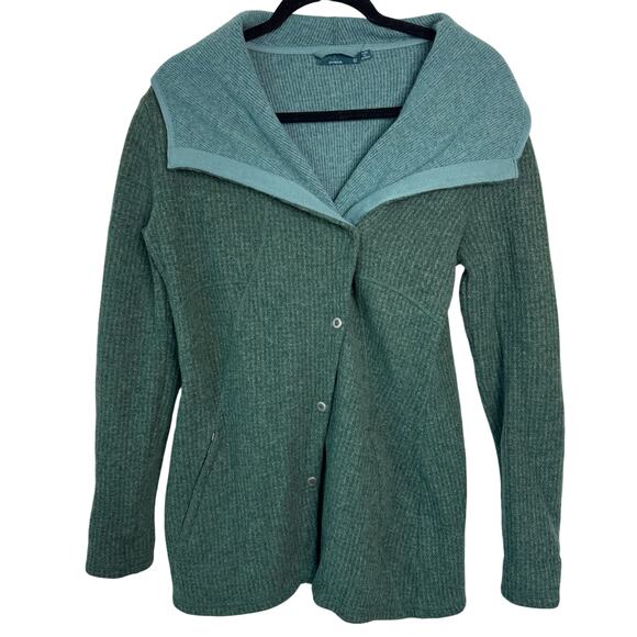 prAna Milana Asymmetrical Wool Snap Button Jacket Green Long Pockets Size M $180 - Picture 2 of 9